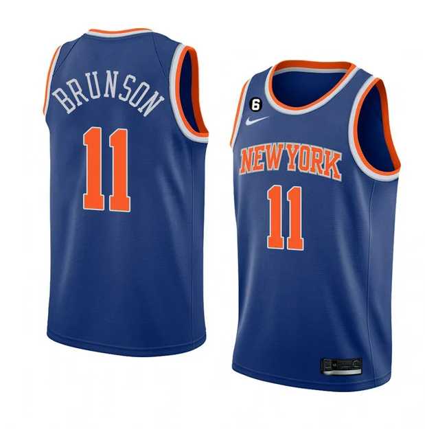 Mens New Yok Knicks #11 Jalen Brunson Blue With NO.6 Patch Stitched Basketball Jersey Dzhi